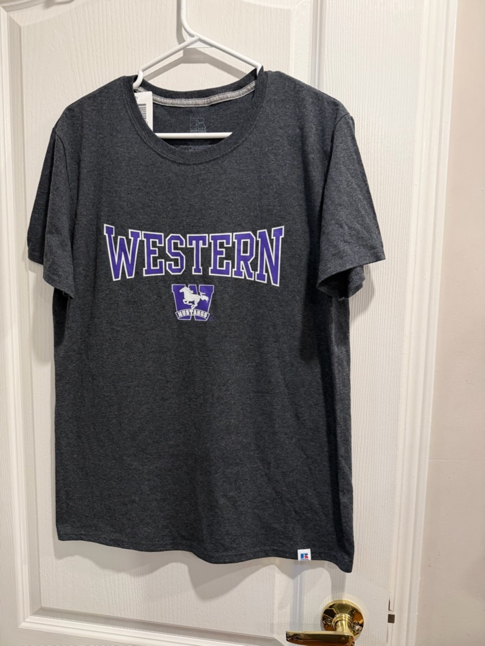 Russell Athletic Dark Gray Tee with Small Red & Blue Logo